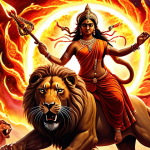 **Prompt:** A vibrant and powerful painting of Durga, the Hindu goddess of protection, riding a lion amidst a fiery battlefield. She wields multiple weapons, her face radiating strength and determination. Demons are scattered before her, symbolizing her victory over evil. The background is a swirling vortex of cosmic energy. Style: Digital art, hyperrealistic, dramatic lighting.