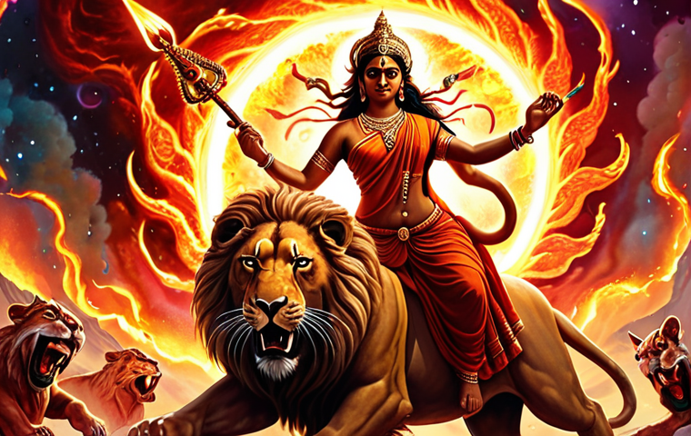 **Prompt:** A vibrant and powerful painting of Durga, the Hindu goddess of protection, riding a lion amidst a fiery battlefield. She wields multiple weapons, her face radiating strength and determination. Demons are scattered before her, symbolizing her victory over evil. The background is a swirling vortex of cosmic energy. Style: Digital art, hyperrealistic, dramatic lighting.
