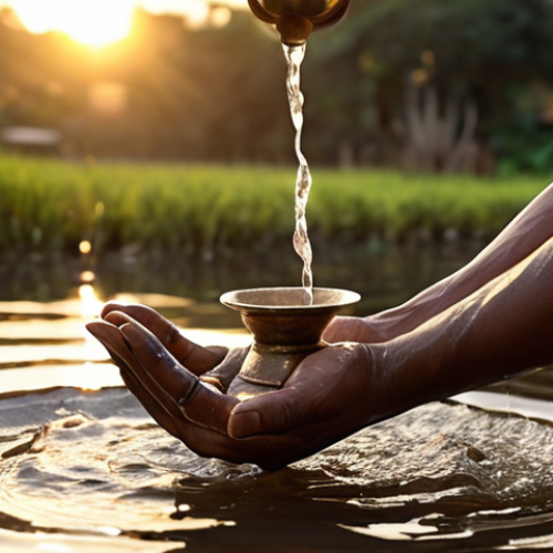 Home 14 **Image Prompt 1: The Act of Jal Arpan**
Photorealistic image of a person's hands performing *Jal Arpan*, the Hindu water oblation. The focus is on the slow, deliberate pour of glistening water from cupped hands or a small traditional vessel. Soft, warm light of dawn or dusk illuminates the scene, casting a serene, contemplative glow. A blurred background suggests a natural setting, such as a riverbank, garden, or the sun rising over water. Emphasize tranquility, mindfulness, and the sacredness of the act. Ultra high detail, volumetric light.