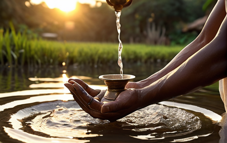 **Image Prompt 1: The Act of Jal Arpan**
Photorealistic image of a person's hands performing *Jal Arpan*, the Hindu water oblation. The focus is on the slow, deliberate pour of glistening water from cupped hands or a small traditional vessel. Soft, warm light of dawn or dusk illuminates the scene, casting a serene, contemplative glow. A blurred background suggests a natural setting, such as a riverbank, garden, or the sun rising over water. Emphasize tranquility, mindfulness, and the sacredness of the act. Ultra high detail, volumetric light.