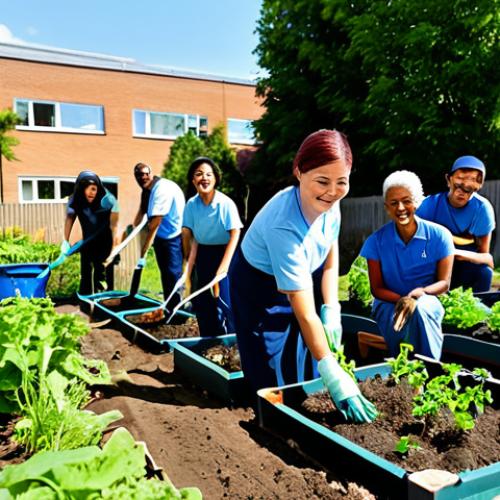 A diverse group of professional volunteers, fully clothed in modest, practical attire, are engaged in a community garden project. They are working together, smiling, planting seedlings and tending to plants in a vibrant urban garden. The setting is bright and sunny, showing lush greenery and a sense of collective purpose. The focus is on collaboration and positive interaction, with well-formed hands and correct proportions visible. This image reflects community empowerment and selfless service. Perfect anatomy, natural pose, appropriate content, safe for work, family-friendly, high-quality professional photography, detailed, realistic.