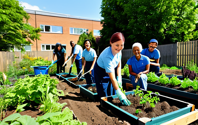 A diverse group of professional volunteers, fully clothed in modest, practical attire, are engaged in a community garden project. They are working together, smiling, planting seedlings and tending to plants in a vibrant urban garden. The setting is bright and sunny, showing lush greenery and a sense of collective purpose. The focus is on collaboration and positive interaction, with well-formed hands and correct proportions visible. This image reflects community empowerment and selfless service. Perfect anatomy, natural pose, appropriate content, safe for work, family-friendly, high-quality professional photography, detailed, realistic.