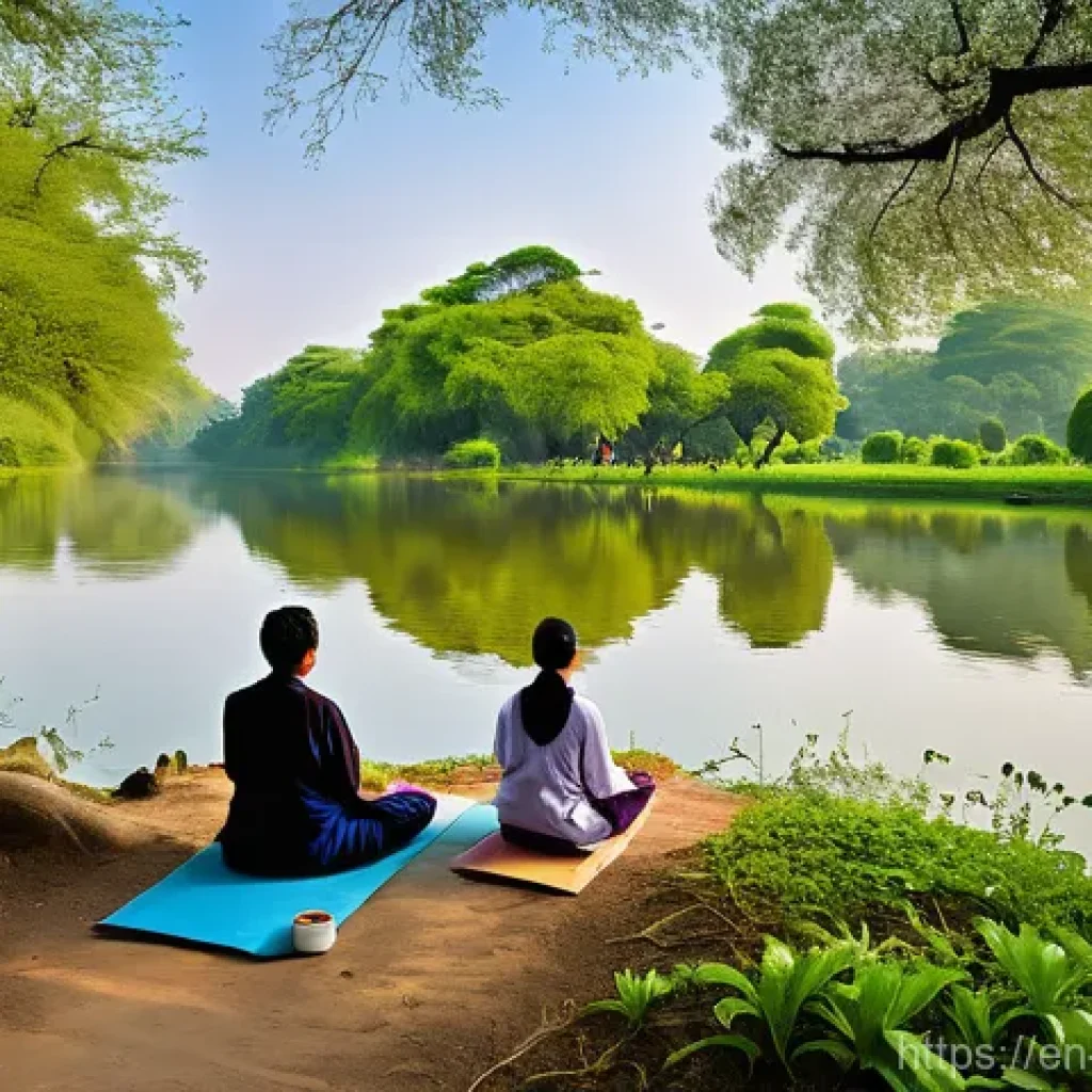 힌두교와 종교 개혁 - **A Serene Confluence of Eras:** A breathtaking, wide-angle shot of a majestic, clear river flowing ...