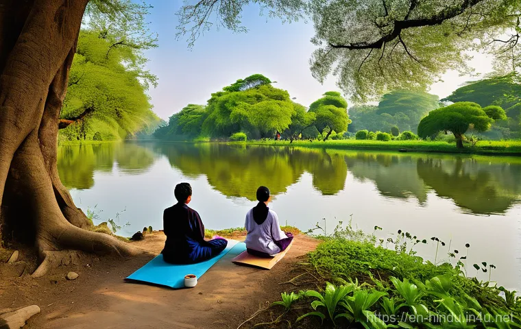 힌두교와 종교 개혁 - **A Serene Confluence of Eras:** A breathtaking, wide-angle shot of a majestic, clear river flowing ...