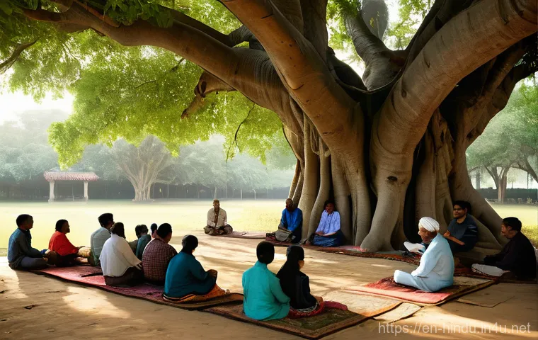 힌두교와 종교 개혁 - **A Serene Confluence of Eras:** A breathtaking, wide-angle shot of a majestic, clear river flowing ...