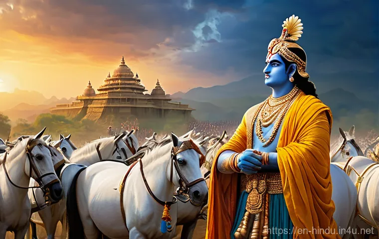 힌두교와 전쟁의 철학 - **Arjuna's Moral Quandary on the Kurukshetra Battlefield**
    "A visually striking, epic scene on t...