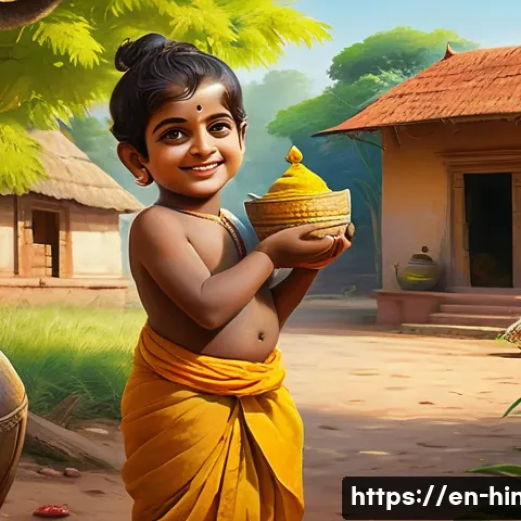 힌두교 신화 크리슈나 이야기 - A vibrant and detailed depiction of young Krishna as a playful child in a lush village setting, wear...