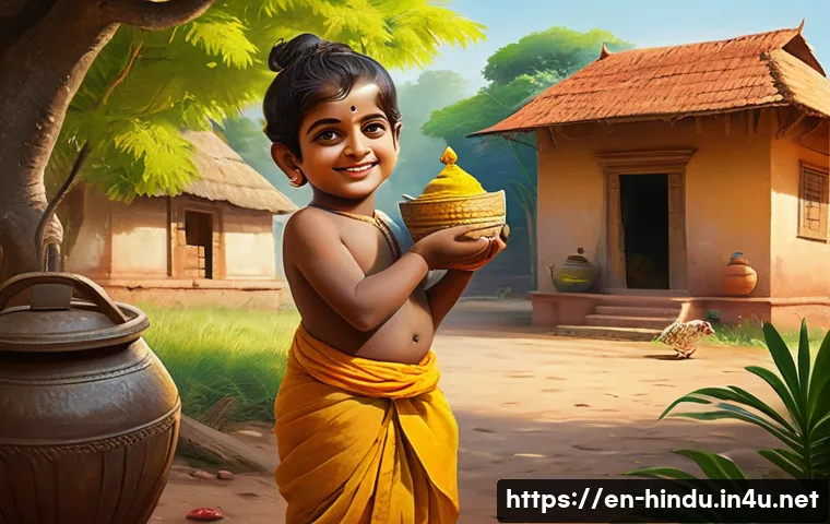 힌두교 신화 크리슈나 이야기 - A vibrant and detailed depiction of young Krishna as a playful child in a lush village setting, wear...