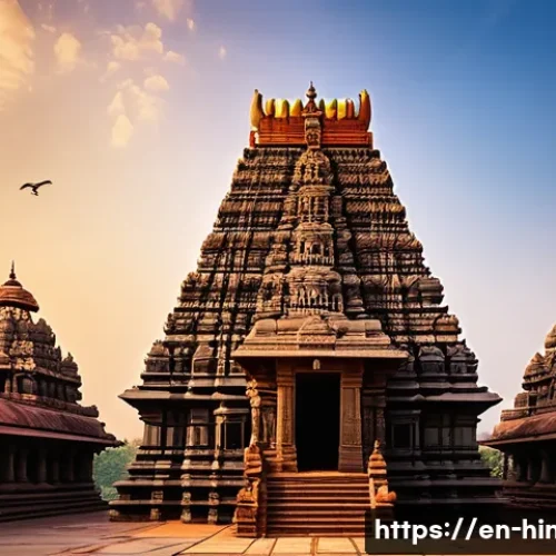 Home 17 힌두교 신전 건축양식 - A majestic South Indian Dravidian temple at sunrise, featuring towering multistoried gopurams richly...