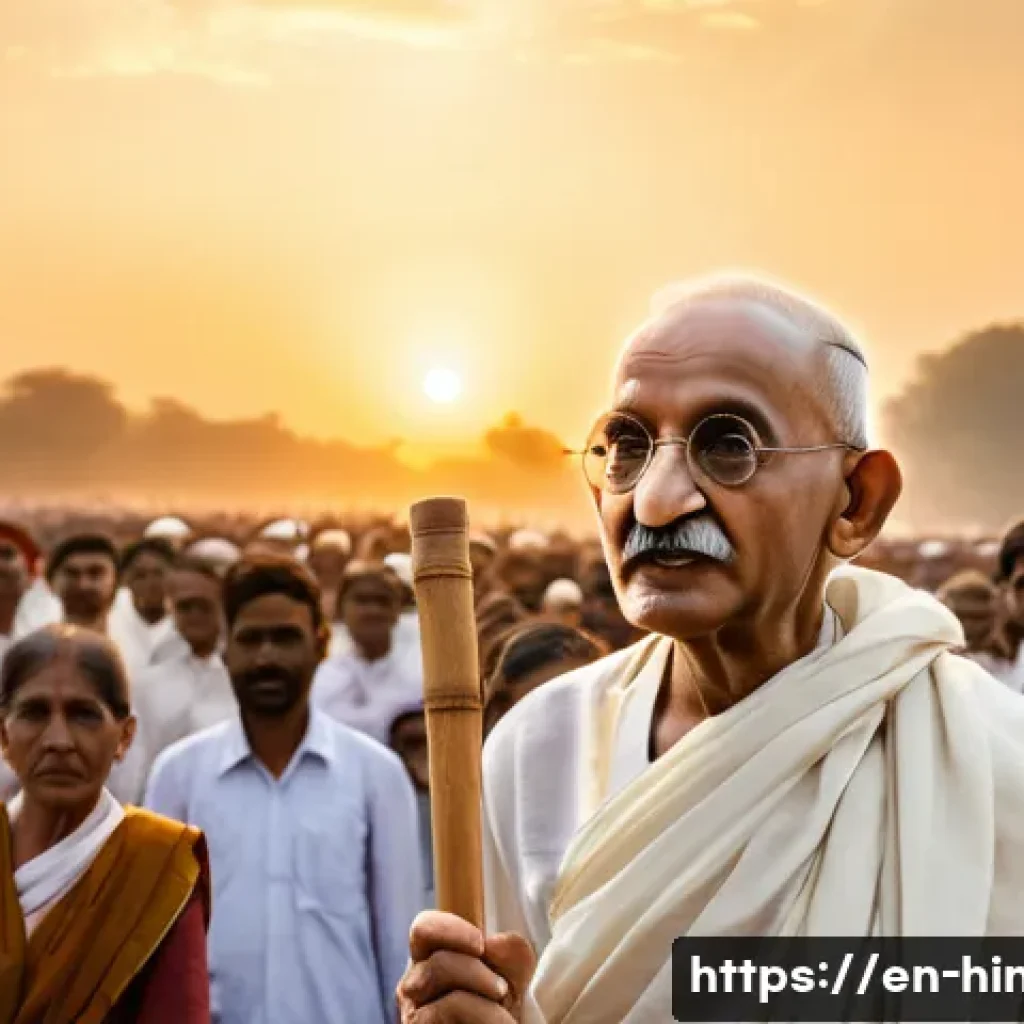 힌두교와 인도 독립운동 - A serene scene depicting Mahatma Gandhi leading a peaceful protest during India&rsquo;s independence movem...