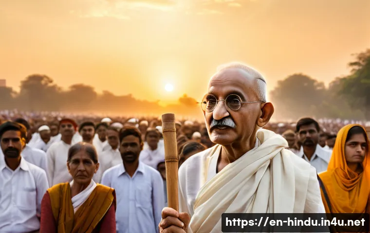 힌두교와 인도 독립운동 - A serene scene depicting Mahatma Gandhi leading a peaceful protest during India’s independence movem...