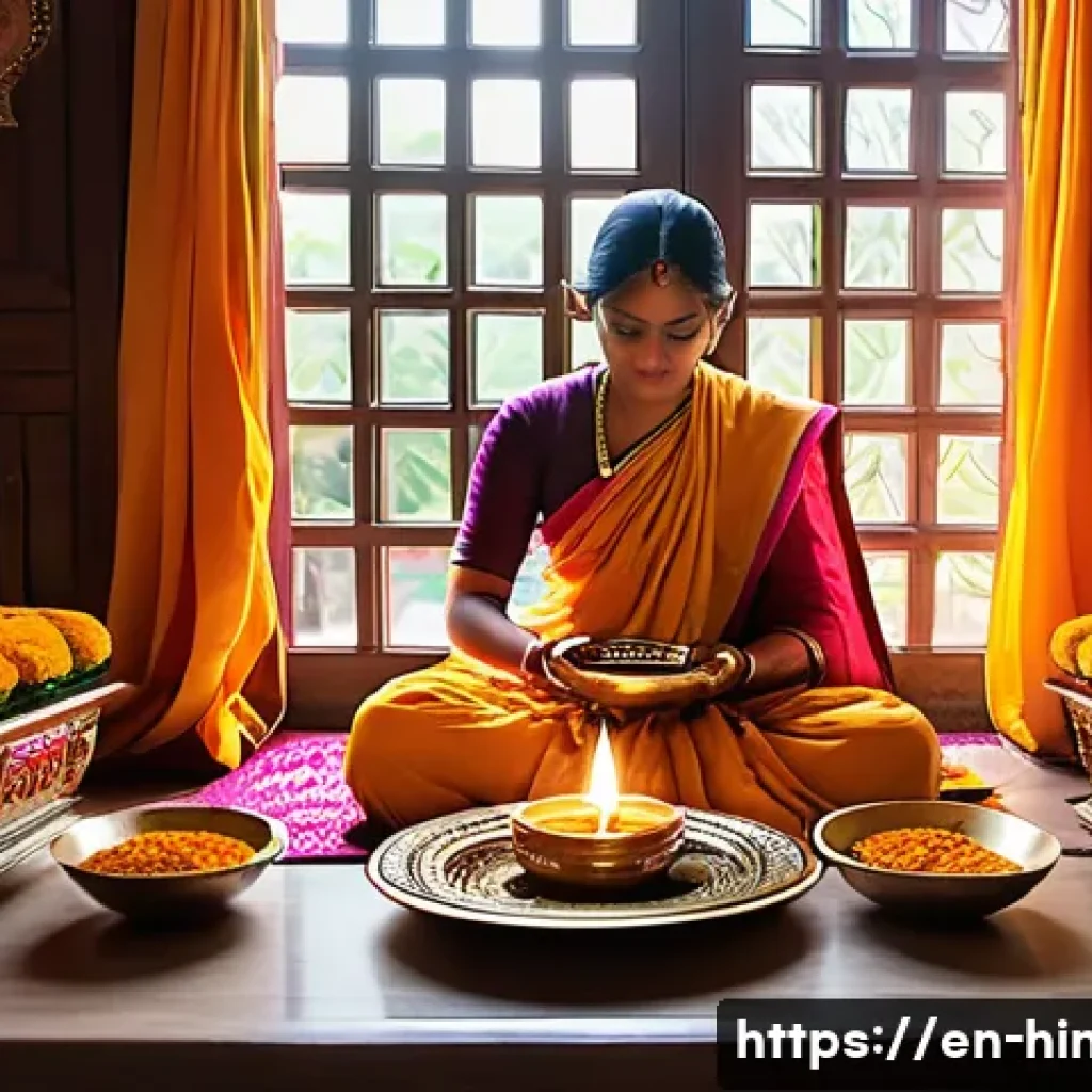 힌두교와 네팔 종교 - A serene early morning scene inside a traditional Hindu home, featuring a family performing a puja r...