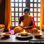 Home 22 힌두교와 네팔 종교 - A serene early morning scene inside a traditional Hindu home, featuring a family performing a puja r...