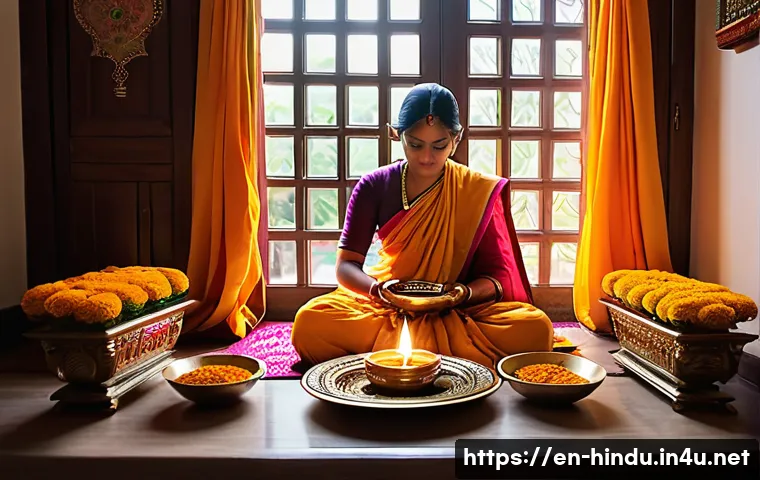 힌두교와 네팔 종교 - A serene early morning scene inside a traditional Hindu home, featuring a family performing a puja r...
