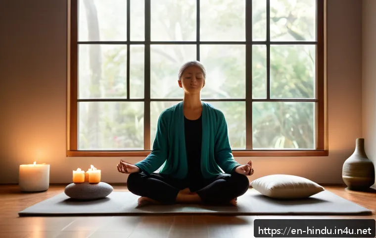 힌두교 명상 전통 - A serene indoor meditation space bathed in soft natural light, featuring a cozy corner with plush cu...