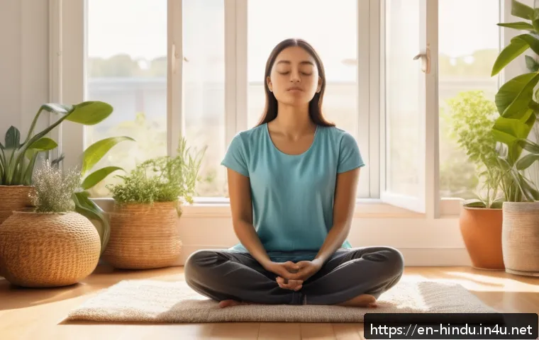 힌두교 경전 바가바드 기타 - A serene indoor scene depicting a person practicing mindful breathing to find calm amid chaos: a you...