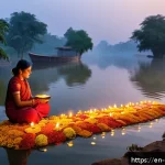 Home 18 힌두교와 자연 숭배 - A serene riverside scene during a Hindu ritual at dawn, featuring devotees dressed in traditional cl...