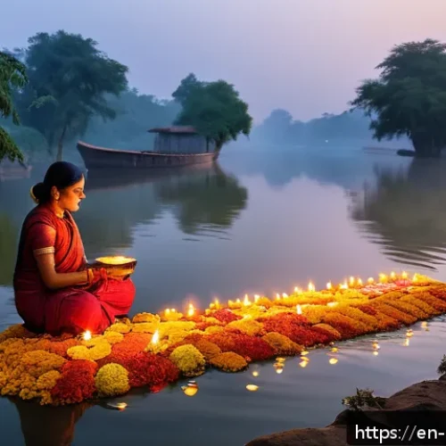 Home 30 힌두교와 자연 숭배 - A serene riverside scene during a Hindu ritual at dawn, featuring devotees dressed in traditional cl...