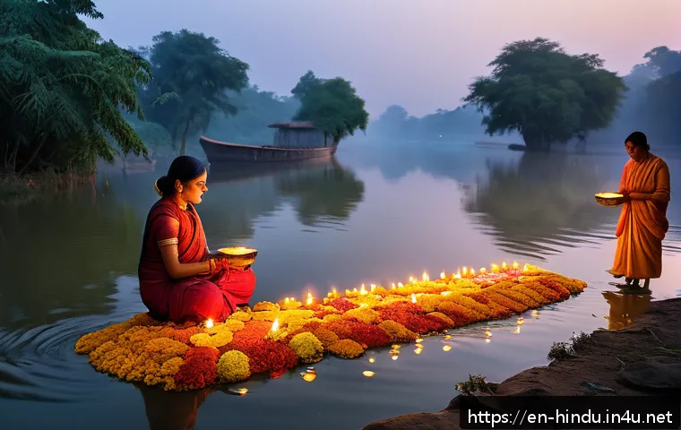 힌두교와 자연 숭배 - A serene riverside scene during a Hindu ritual at dawn, featuring devotees dressed in traditional cl...