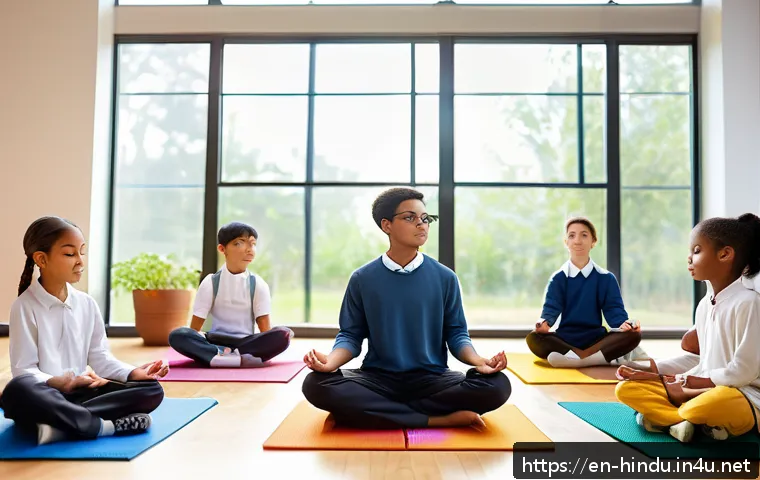 힌두교와 학교 제도 - A diverse classroom scene showing students of various ethnicities engaged in a mindfulness session a...