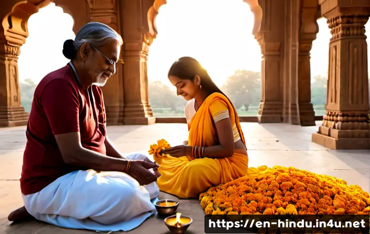 Home 17 힌두교와 사랑의 철학 - Photorealistic serene Hindu temple courtyard at sunrise, an elderly Indian couple and their adult da...